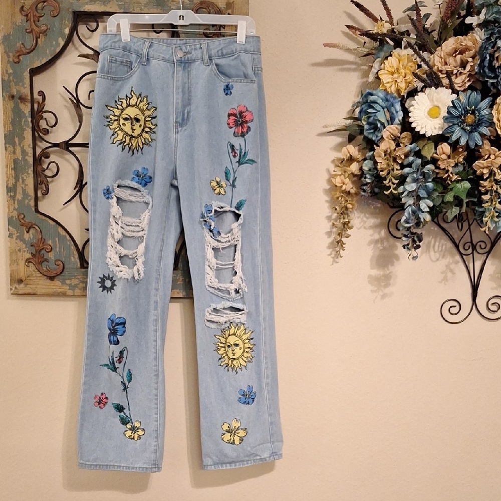 Sunflower Embroidered Ripped Wide Leg Jeans. Excellent Condition NWOT Size Large - Picture 6 of 12
